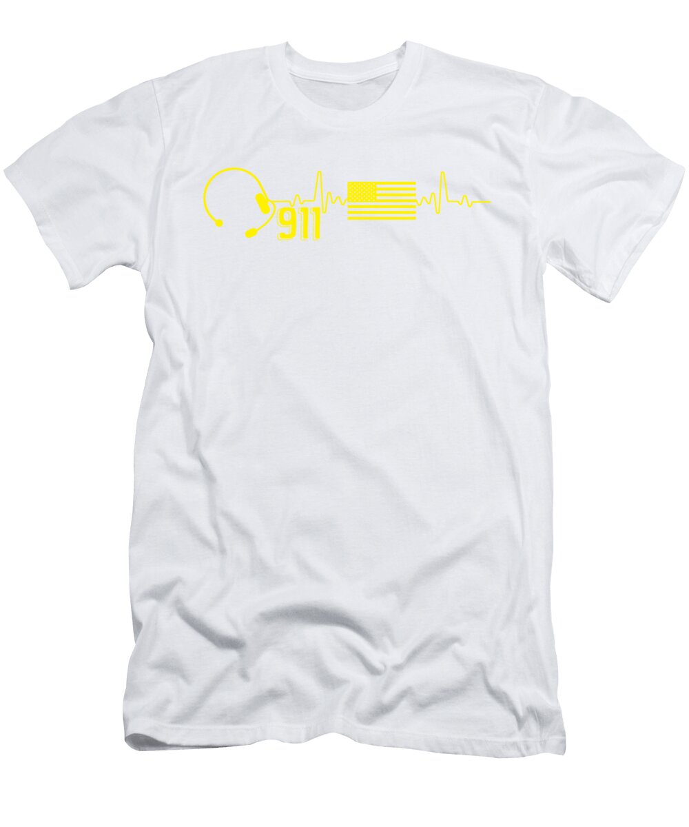1 911 Dispatcher USA Yellow American Flag Heart Florian Dold Art T-Shirt