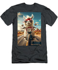 1 Alpaca Riding a Motorcycle Down a Desert Highway Rhys Jacobson T-Shirt