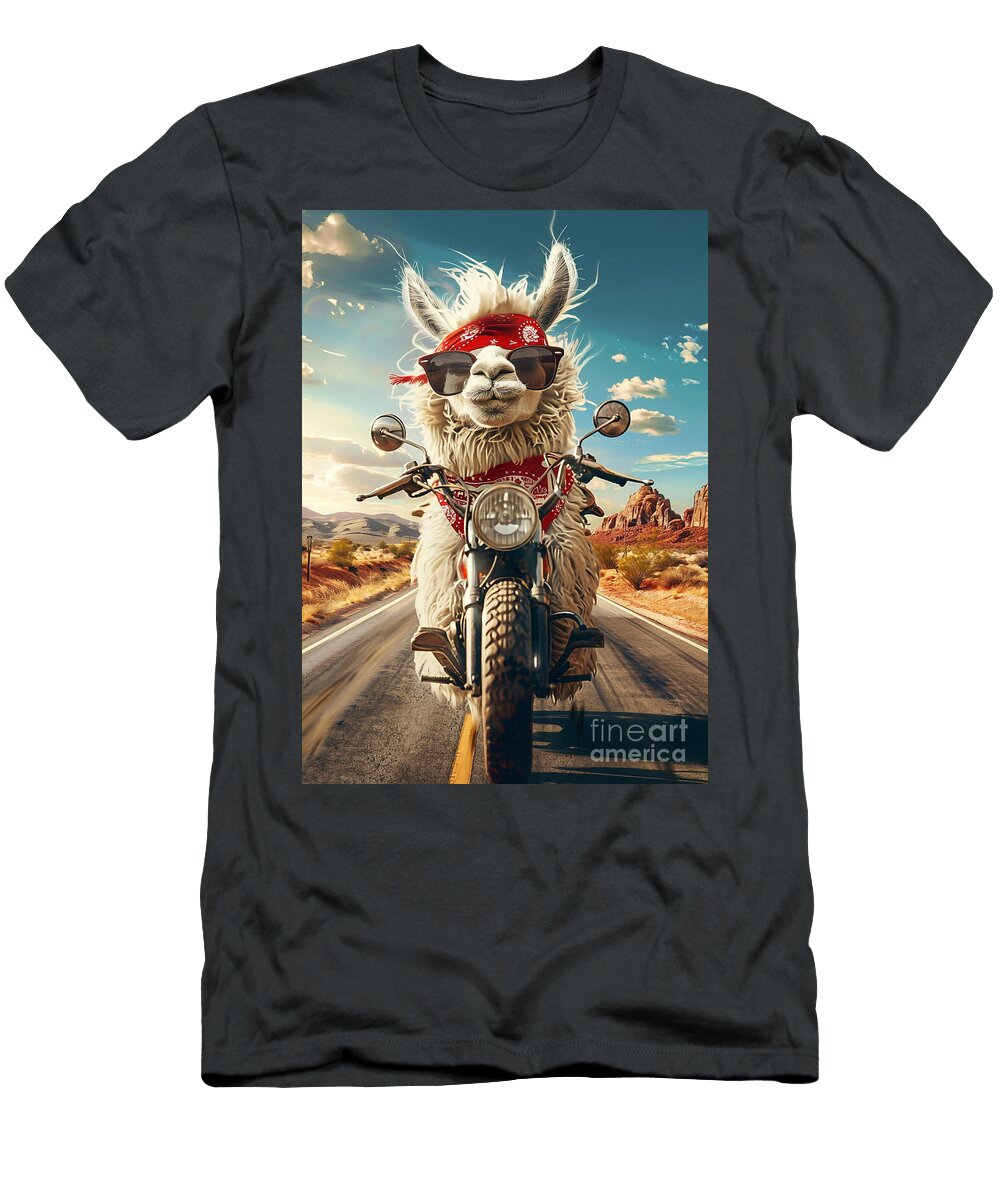 1 Alpaca Riding a Motorcycle Down a Desert Highway Rhys Jacobson T-Shirt