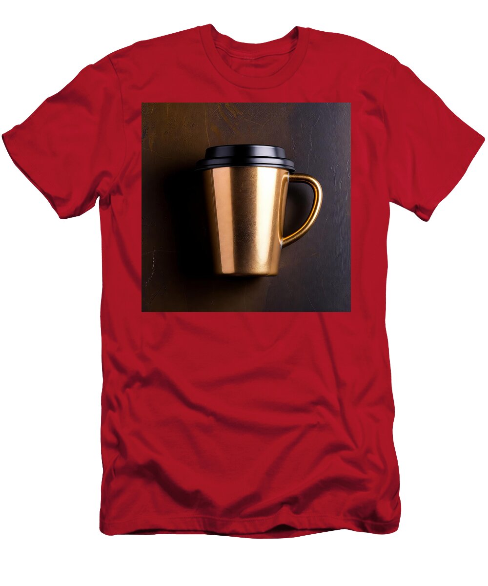 1 Gold Textured Metallic Coffee Cup with Black Lid on Dark Background Talha Khan T-Shirt
