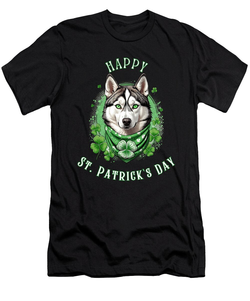 1 Husky Dog with Green Clover Bandana St Patricks Day Husky Maximus Designs T-Shirt