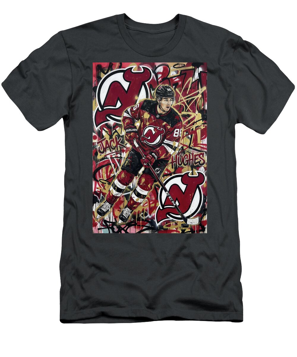 1 Jack Hughes Graffiti Poster Hockey Player NHL Sampadart Gallery T-Shirt