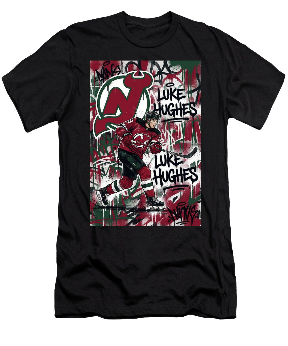 1 Luke Hughes Graffiti Poster Hockey Player NHL Sampadart Gallery T-Shirt
