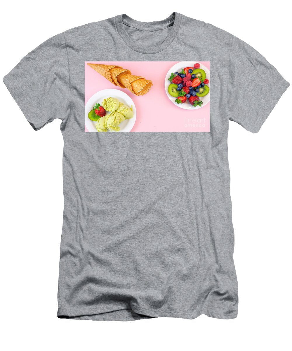 1 Matcha Green Tea Ice Cream with Waffle Cones and Fresh Fruit Overhead Flat Lay Milleflore Images T-Shirt