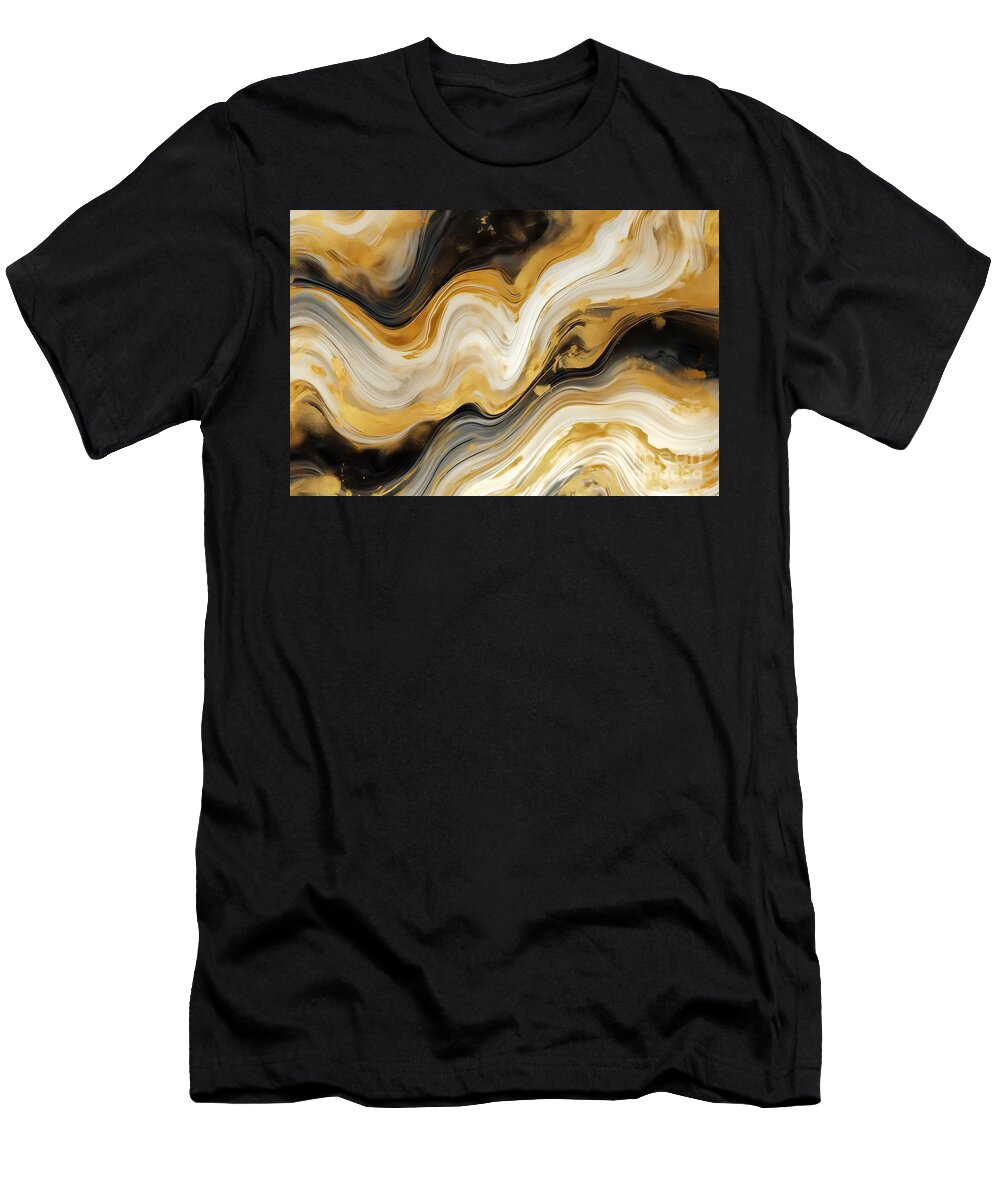 1 Monocolor Alcohol Ink Marbling Raster Background Liquid Waves and Stains Black and Gold Abstract Fluid Art Acrylic and Oil Paint Flow Monochrome Contemporary Backdrop Black Marble with Golden Vein N Akkash T-Shirt