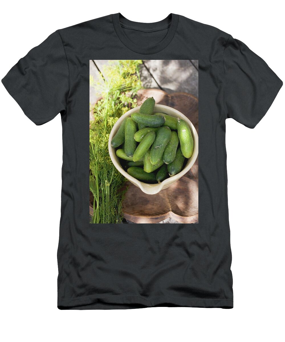 1 Pickling Cucumbers in Bowl Fresh Dill Beside It Foodcollection T-Shirt