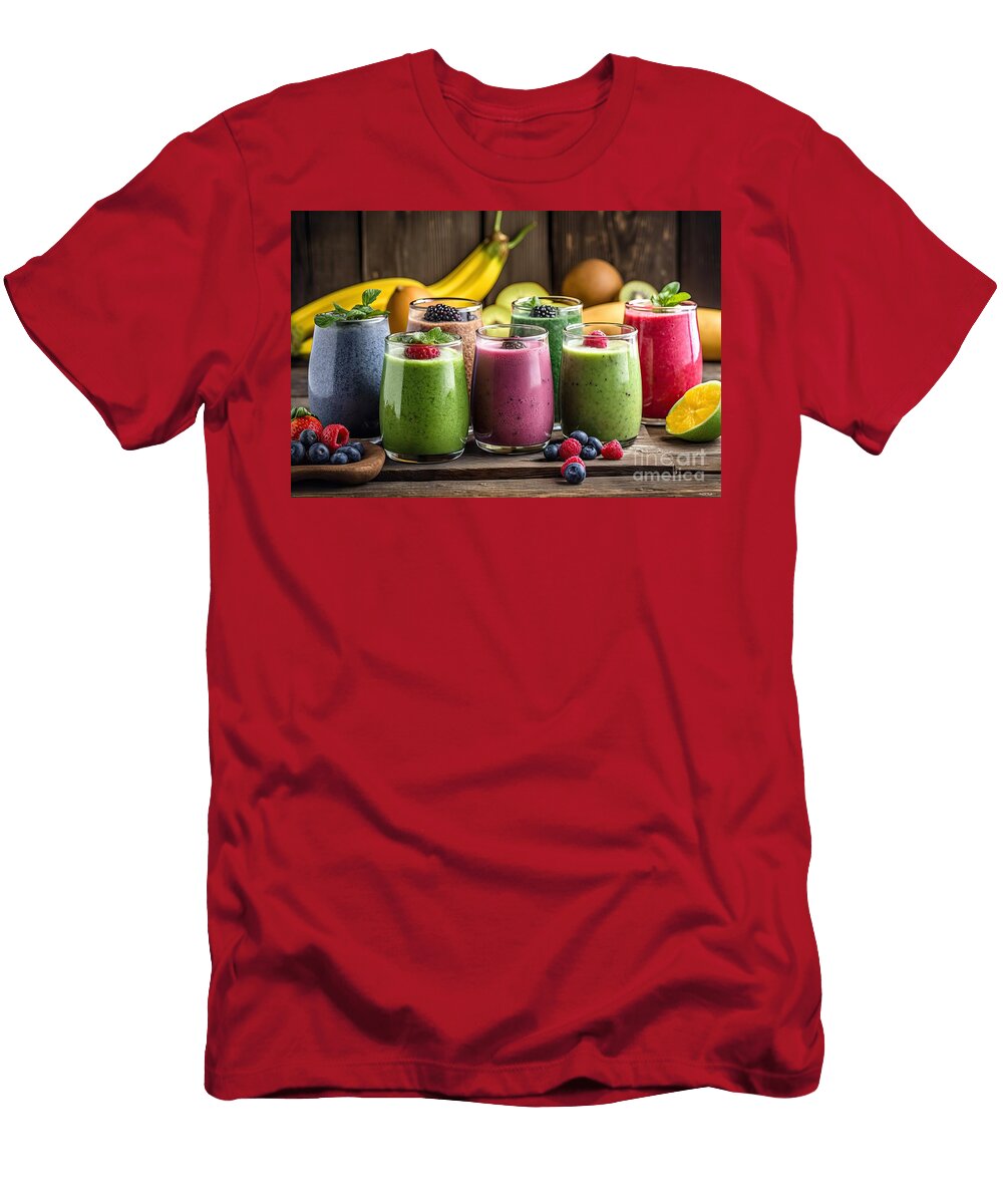 1 Premium Selection of Colourful Smoothies on Rustic Wood Background N Akkash T-Shirt