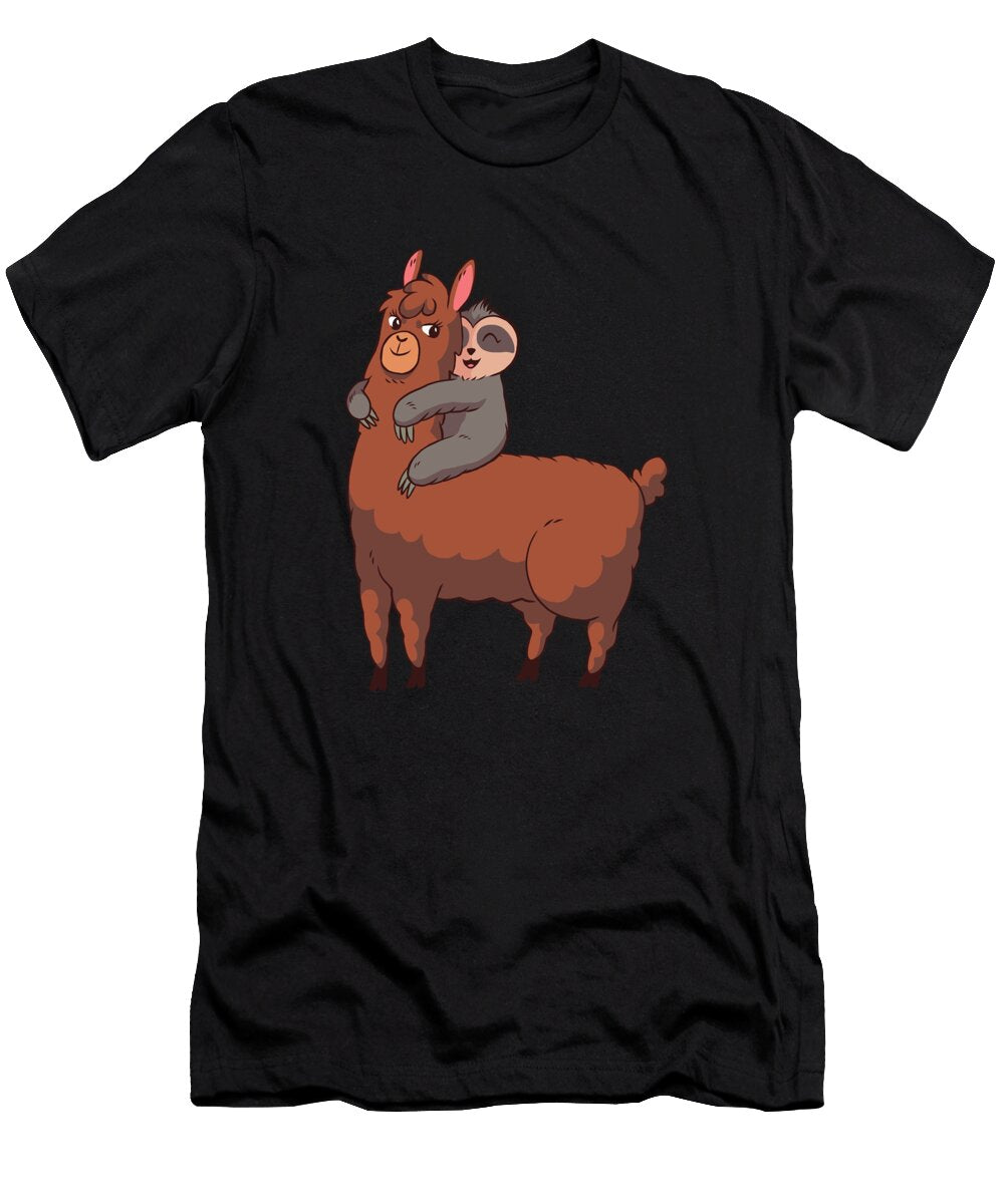 1 Sleepy Sloth Hugging Llama Cute and Funny Animal Art Designs T-Shirt