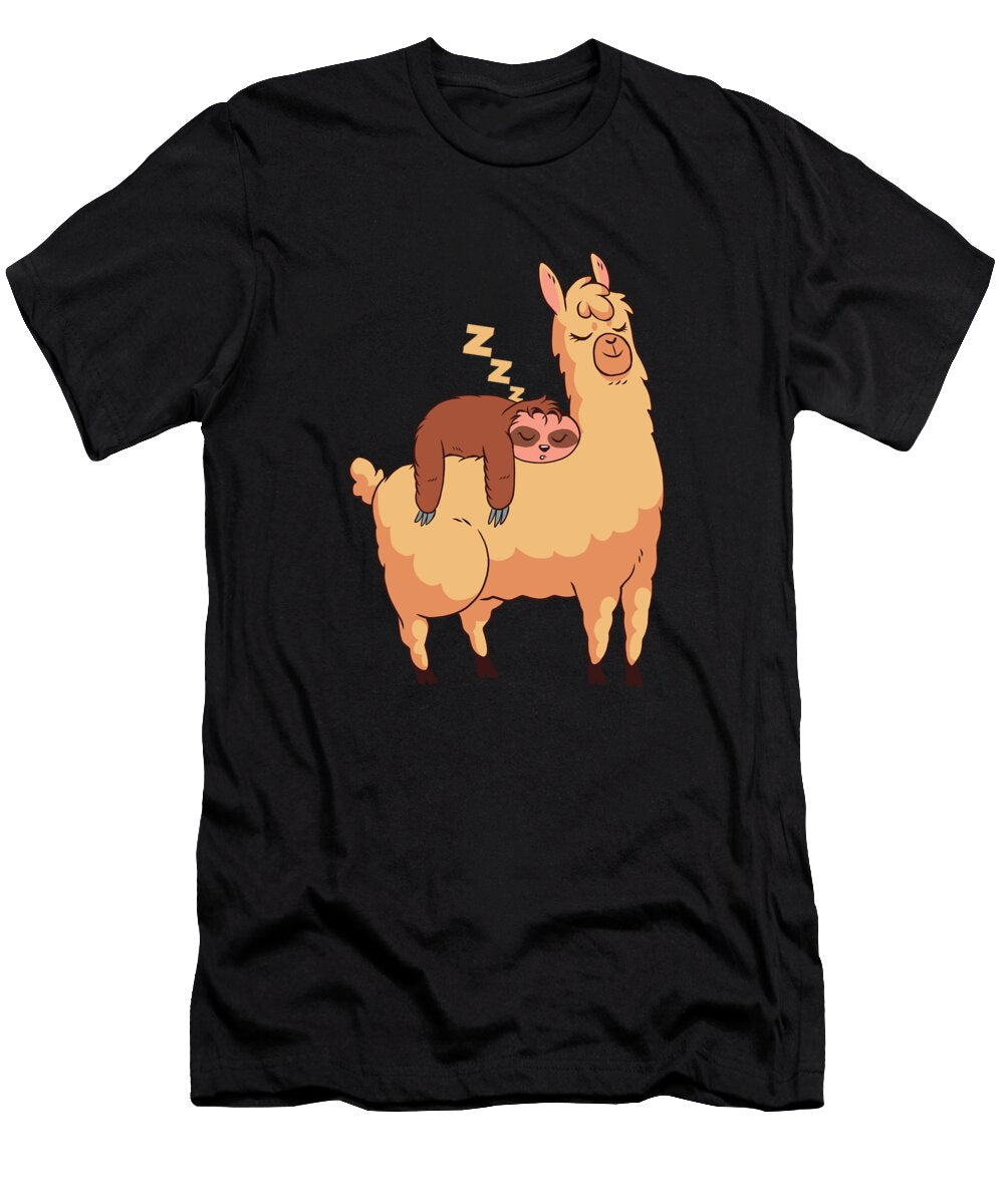 1 Sleepy Sloth Sleeping on Llama Cute and Funny Animal Art Designs T-Shirt