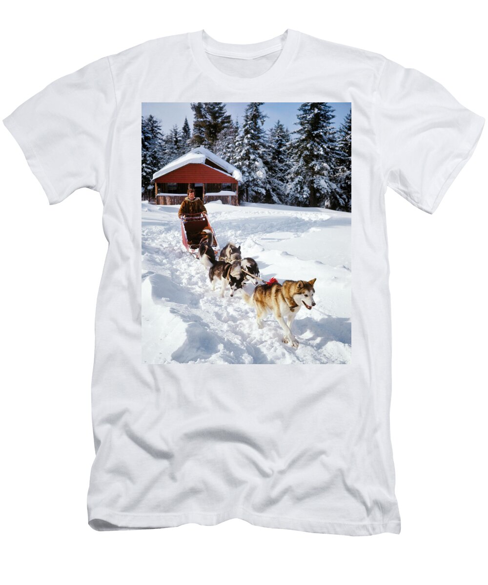 1970s Man a Musher Riding a Dog Sled Vintage Images T-Shirt