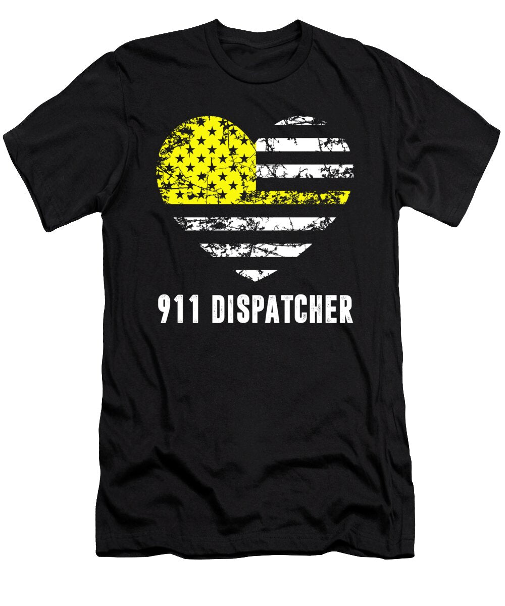 2 911 Dispatcher USA Yellow American Flag Heart Florian Dold Art T-Shirt