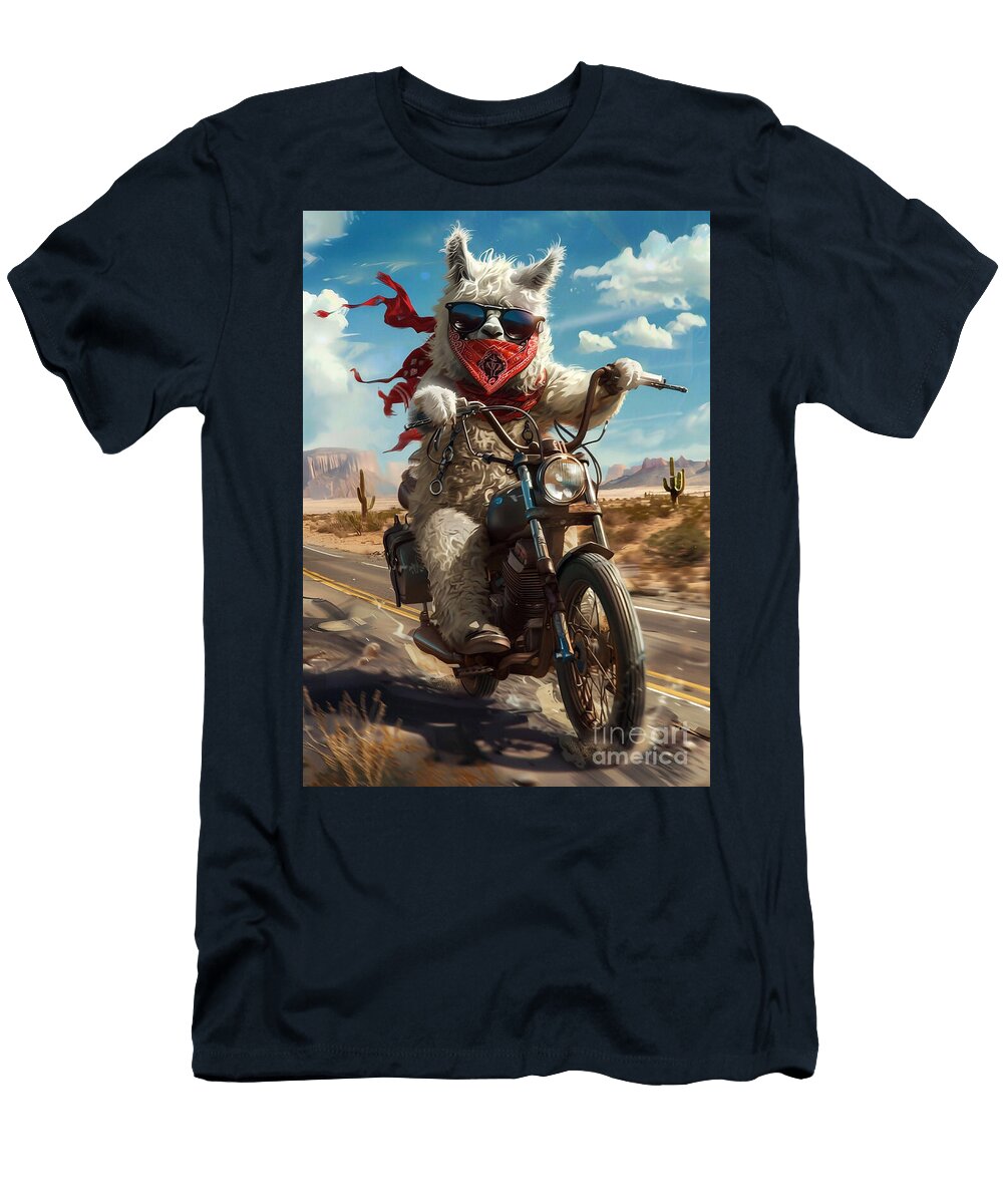 2 Alpaca Riding a Motorcycle Down a Desert Highway Rhys Jacobson T-Shirt
