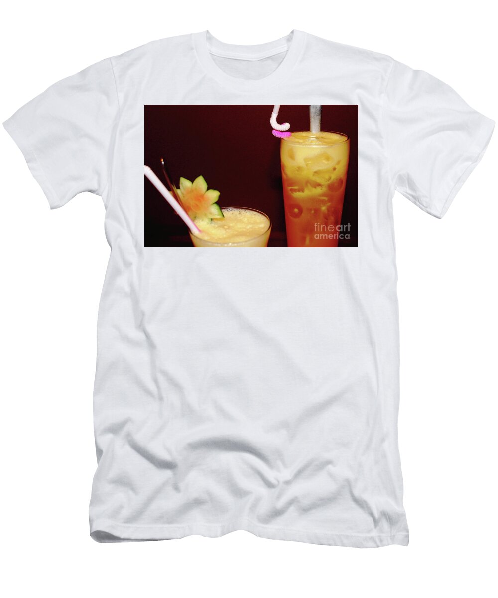 2 Fresh Juice on a Dark Background of Tropical Fruits of Mango and Papaya Mariia Kilina T-Shirt
