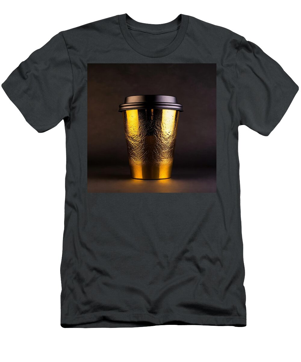 2 Gold Textured Metallic Coffee Cup with Black Lid on Dark Background Talha Khan T-Shirt