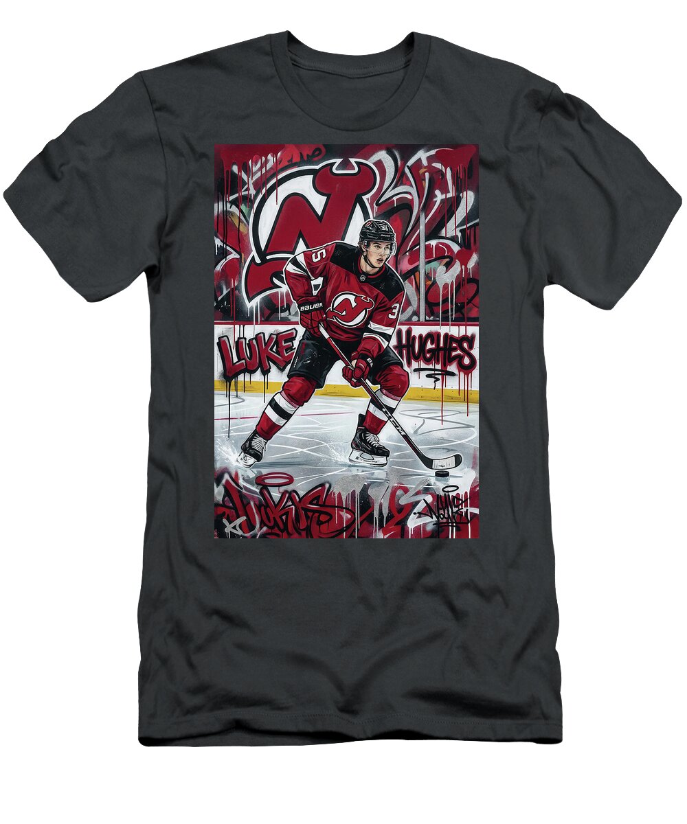 2 Luke Hughes Graffiti Poster Hockey Player NHL Sampadart Gallery T-Shirt