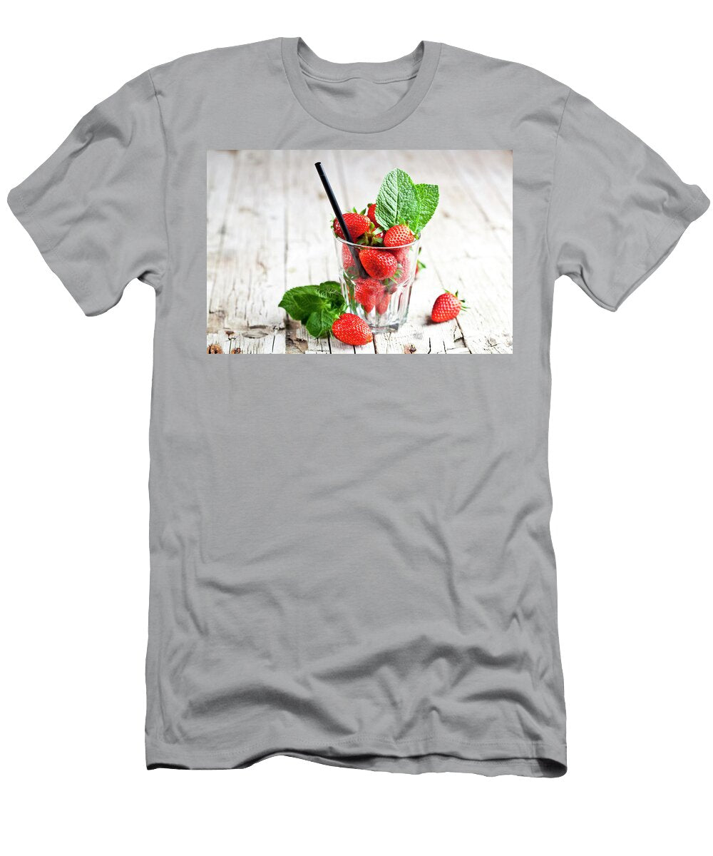 2 Organic Red Strawberries Glass and Mint Leaves on Rustic Wooden Liss Art Studio T-Shirt