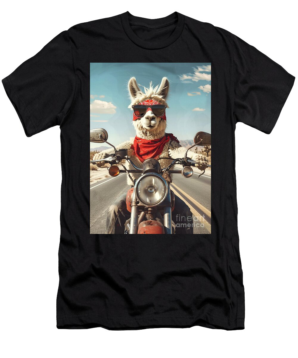 3 Alpaca Riding a Motorcycle Down a Desert Highway Rhys Jacobson T-Shirt