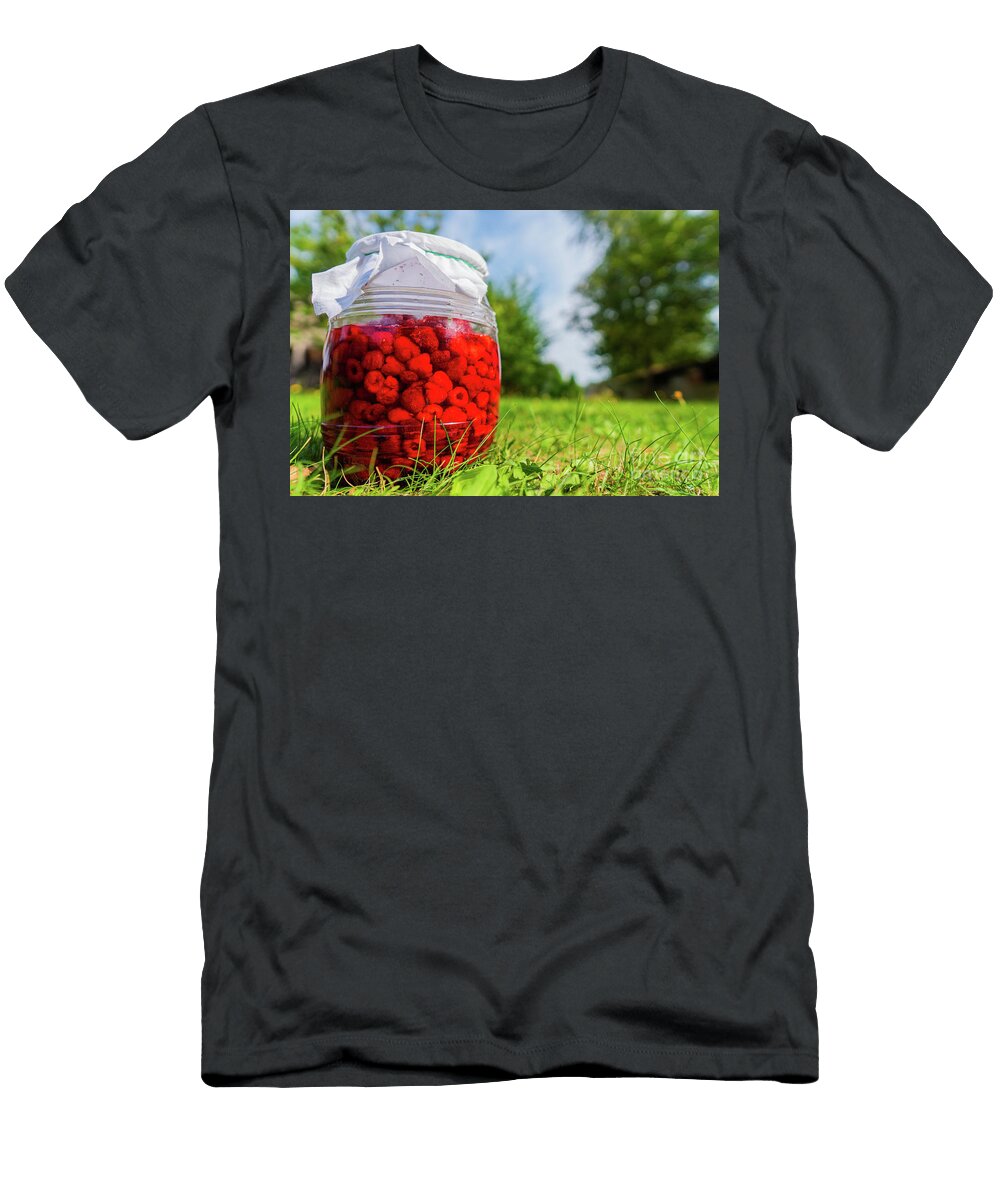 3 Fresh Raspberry in a Glass Jar on Grass Next to Fresh Raspberri Jacek Dudzinski T-Shirt