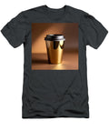3 Gold Reflective Coffee Cup with Black Lid on Warm Ambient Lighting Talha Khan T-Shirt