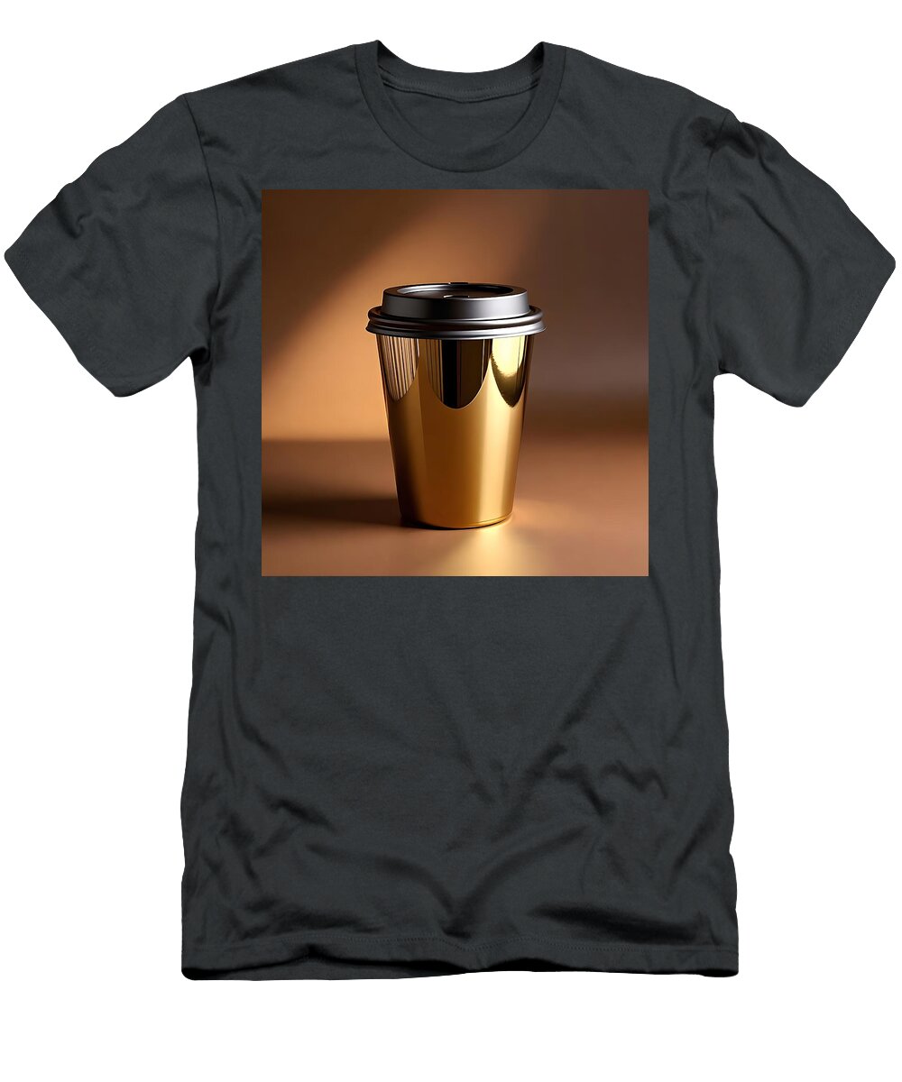 3 Gold Reflective Coffee Cup with Black Lid on Warm Ambient Lighting Talha Khan T-Shirt