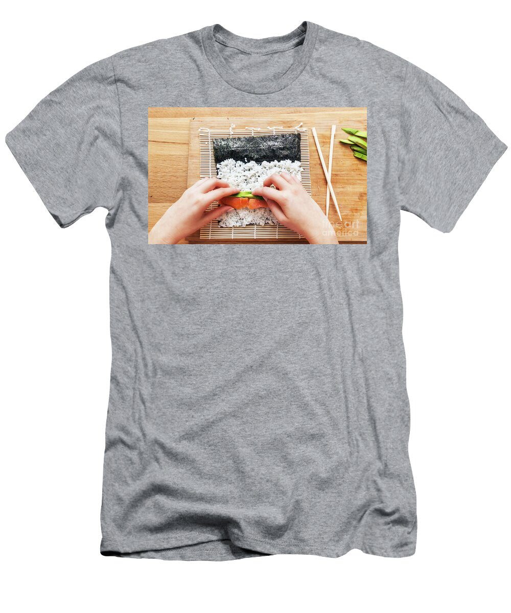 3 Preparing Sushi Salmon Avocado Rice and Chopsticks on Wooden Table Michal Bednarek T-Shirt