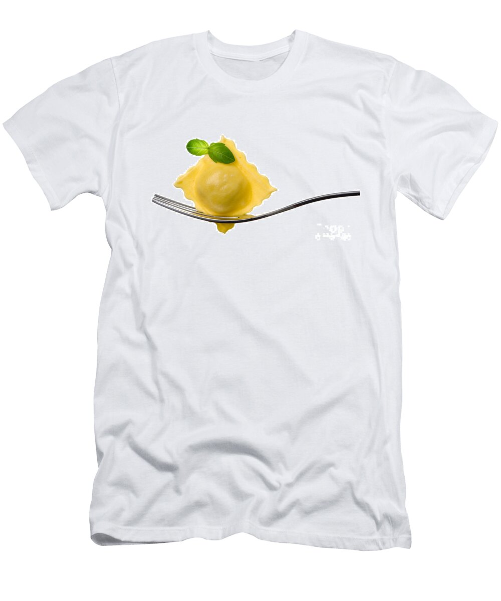 3 Ravioli Pasta Parcel and Basil Garnish on Fork White Background Lee Avison T-Shirt
