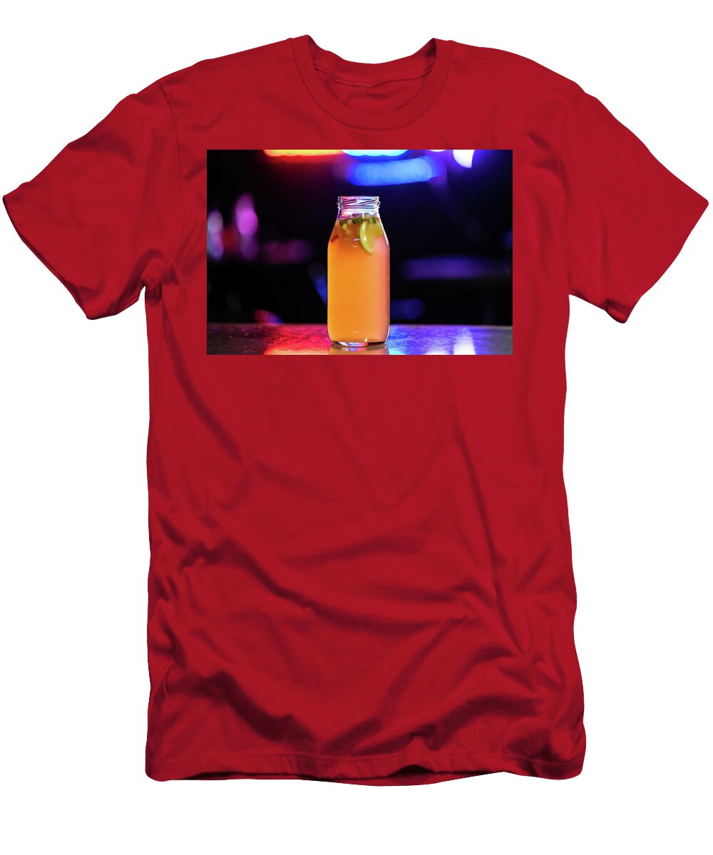 3 Refreshing Fruit Beverage in Bottle Under Neon Lights Talha Khan T-Shirt