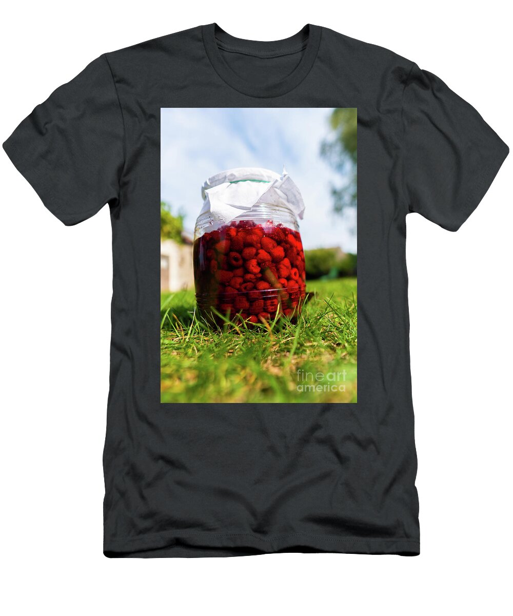 4 Delicious Fresh Ripe Raspberries in Glass Jar on a Grass Backgro Jacek Dudzinski T-Shirt