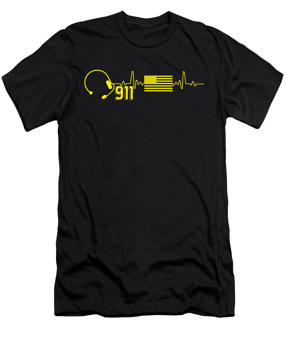 911 Dispatcher USA Yellow American Flag Heart Florian Dold Art T-Shirt