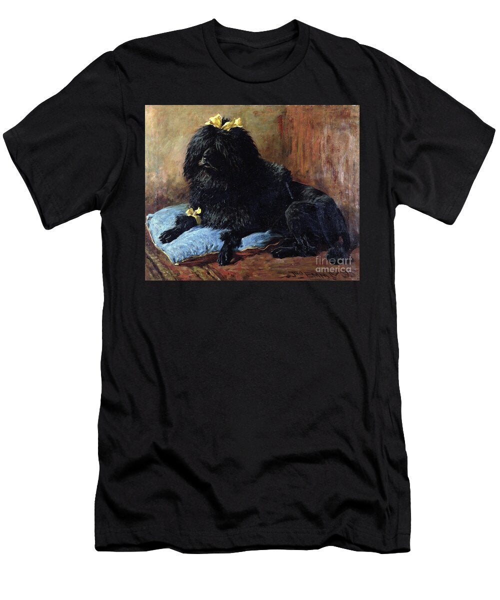 A Black Standard Poodle on a Blue Cushion 1895 John Emms T-Shirt