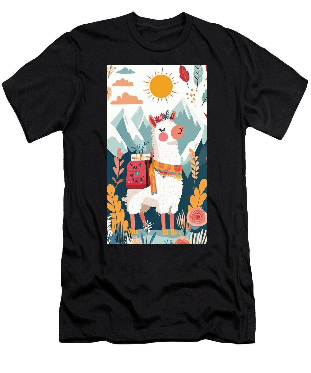 A Cute Llama with a Backpack Stands in a Colorful Mountain Lands Miller Kanw T-Shirt