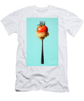 A Fork with a Spaghetti Twist and a Juicy Tomato on Top Against a Bright Turquoise Background During a Creative Food Shoot Beautiful Things T-Shirt
