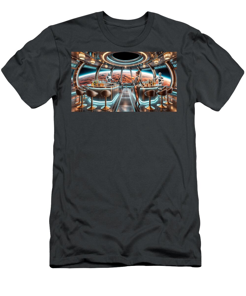 A Futuristic Bar Features Robotic Bartenders Serving Drinks Mango Art T-Shirt