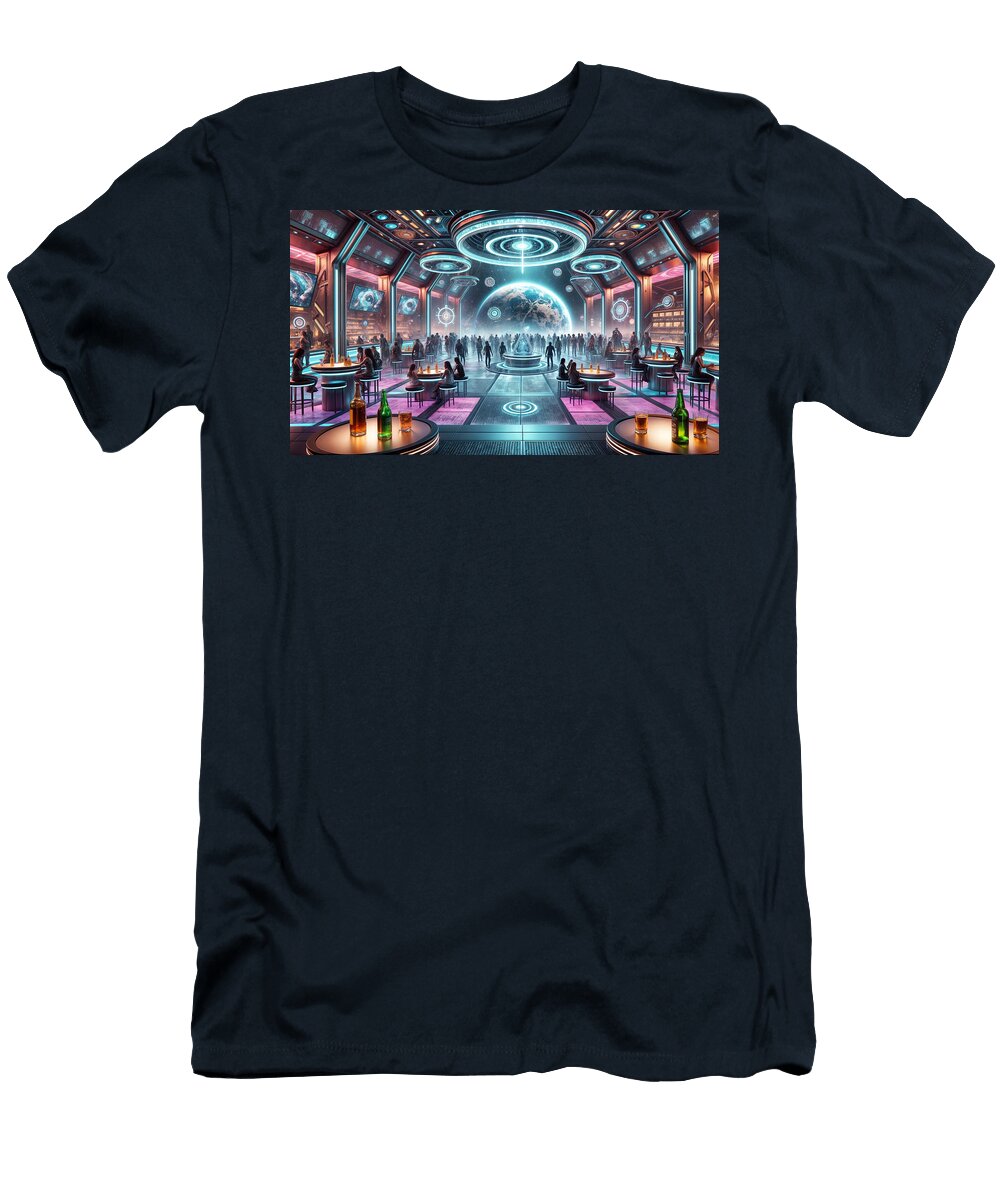 A Futuristic Bar Scene Features a Large Central Globe and Neon Lighting Mango Art T-Shirt