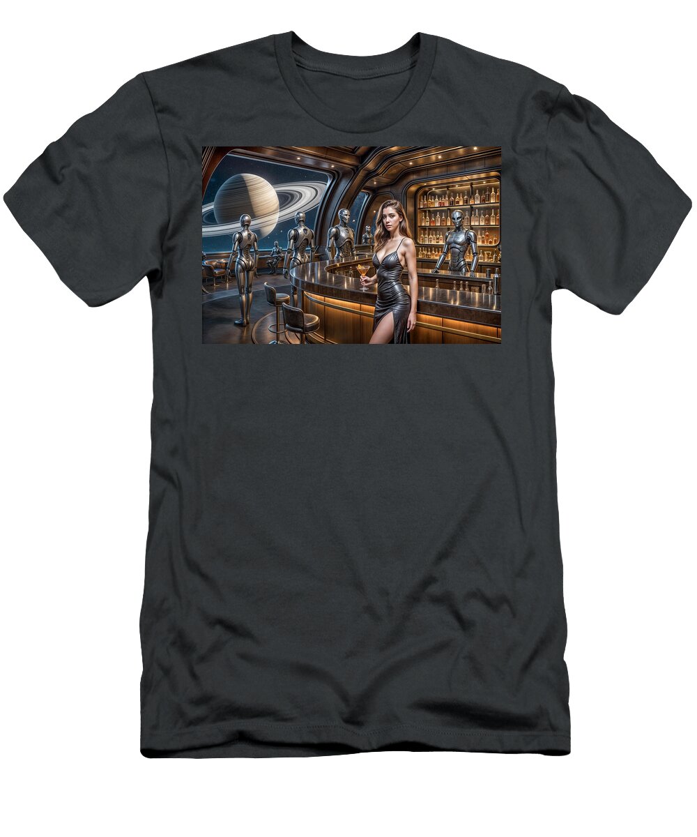 A Futuristic Bar Scene Features a Woman in an Elegant Metallic Dress Holding a Cocktail Mango Art T-Shirt