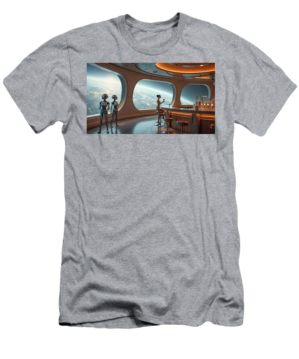 A Futuristic Bar Set in Space Features Large Windows Overlooking a Planet Mango Art T-Shirt