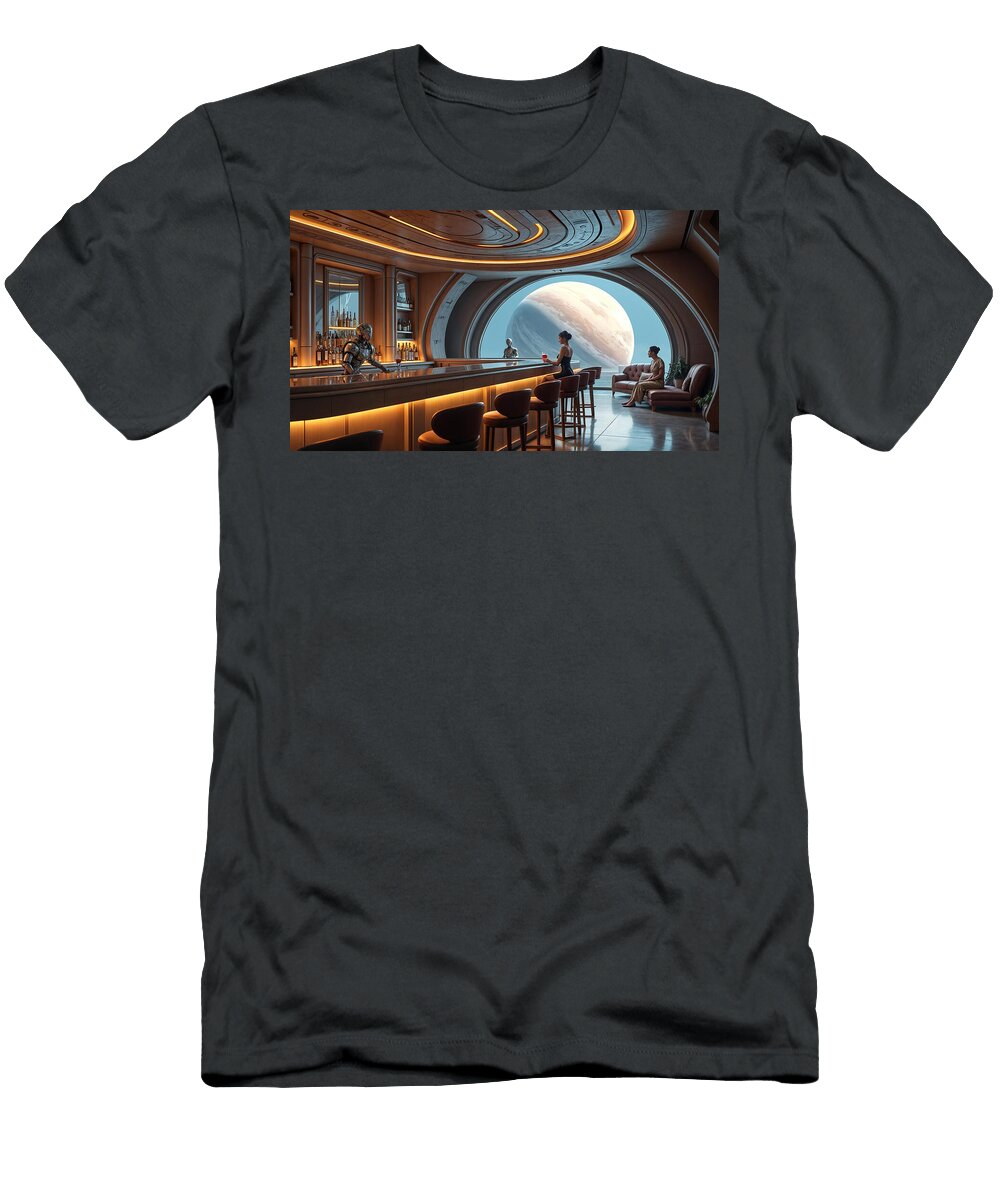 A Futuristic Bar Setting Features a Robotic Bartender Serving Drinks to Patrons Mango Art T-Shirt