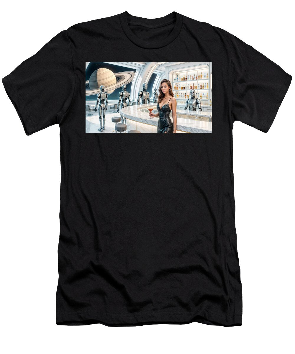 A Futuristic Bar Setting Features a Woman in a Sleek Dress Holding a Cocktail Mango Art T-Shirt