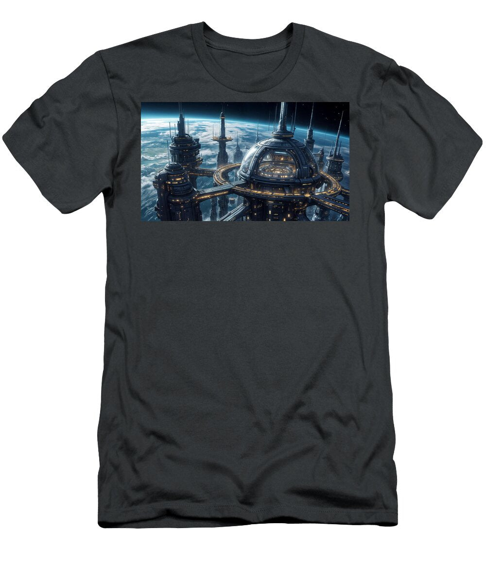 A Futuristic City in Space Features Towering Structures Mango Art T-Shirt