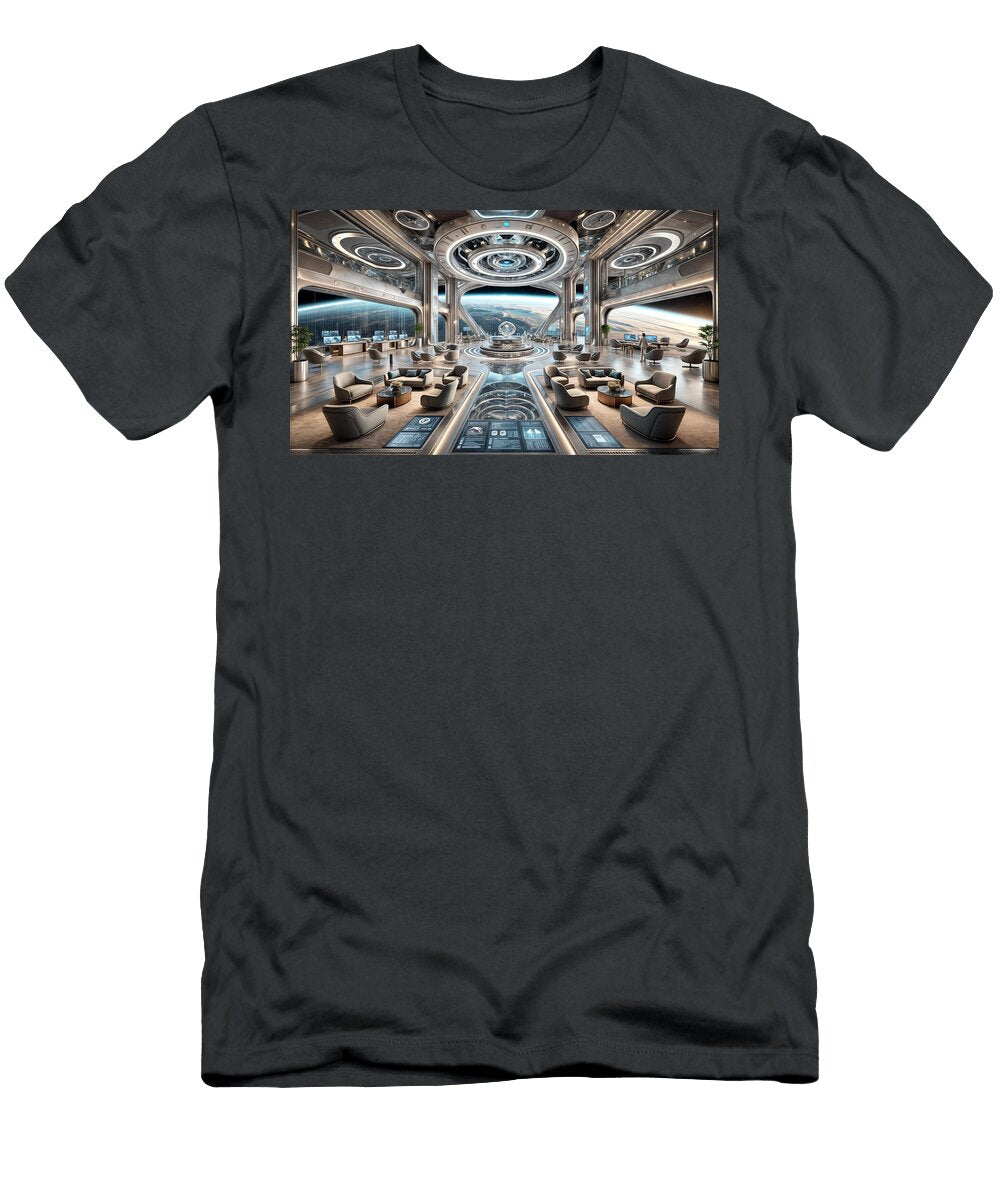 A Futuristic Interior Depicts a Grand Space Lounge Mango Art T-Shirt
