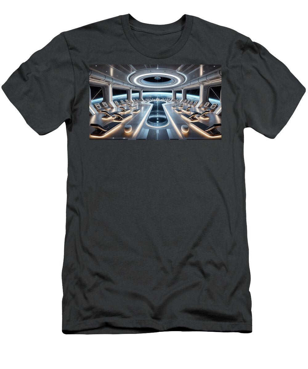 A Futuristic Lounge with Sleek Reclining Chairs Is Situated in a Space Station Mango Art T-Shirt