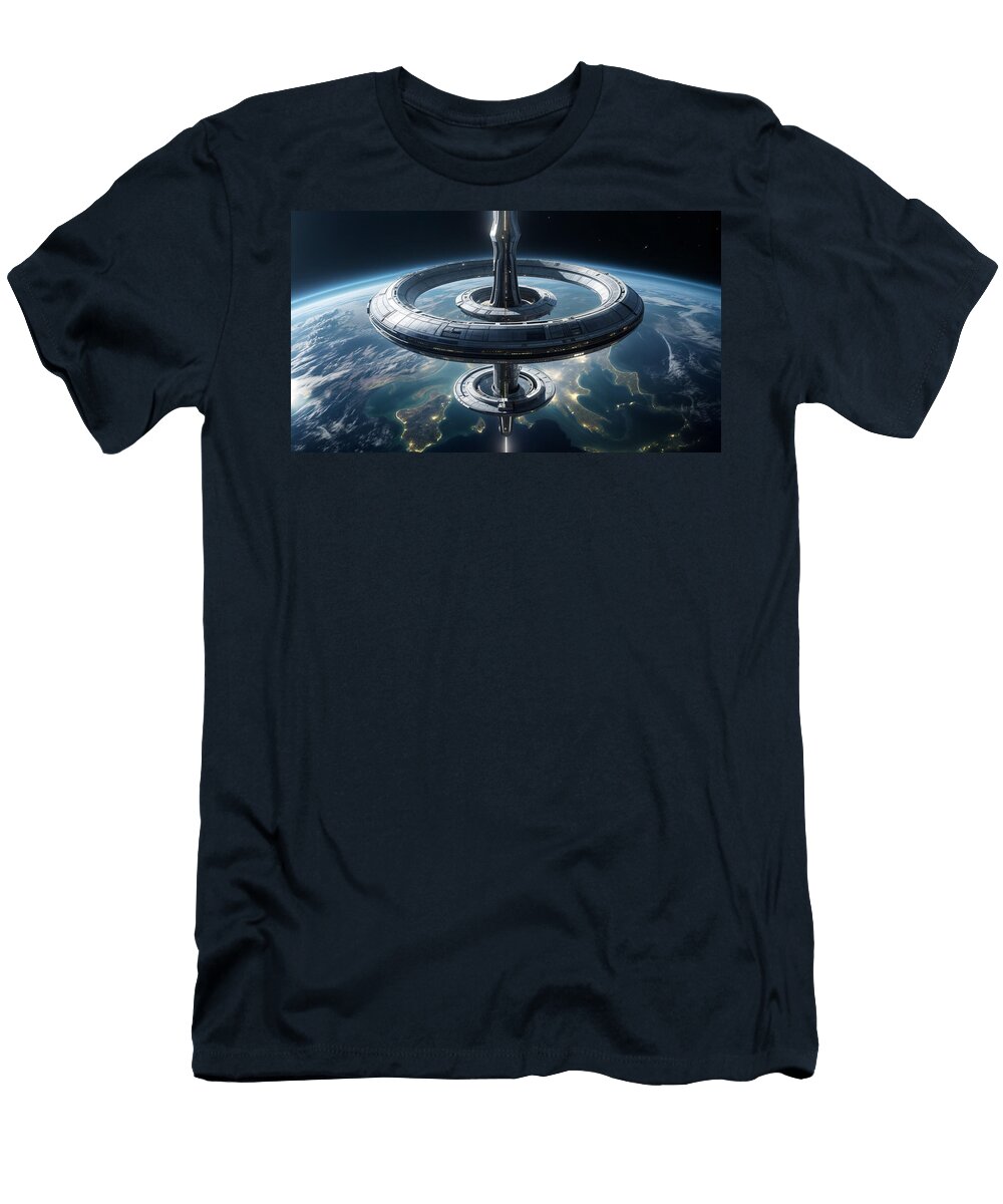 A Futuristic Space Station Orbits High Above Earth Mango Art T-Shirt