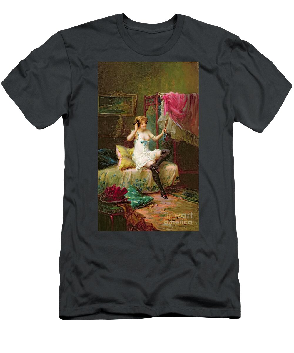 A Girl Looking in a Mirror By Hans Zatzka Hans Zatzka T-Shirt