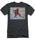 A Hockey Player in a Red Uniform with a Stick and a Puck Plays Hockey on the Ice Field Kirill Sukhanov T-Shirt