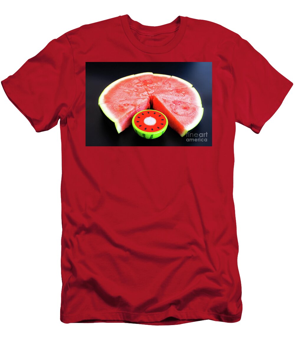 A Large Slice of Watermelon Divided Into Smaller Pieces Next to Joaquin Corbalan T-Shirt