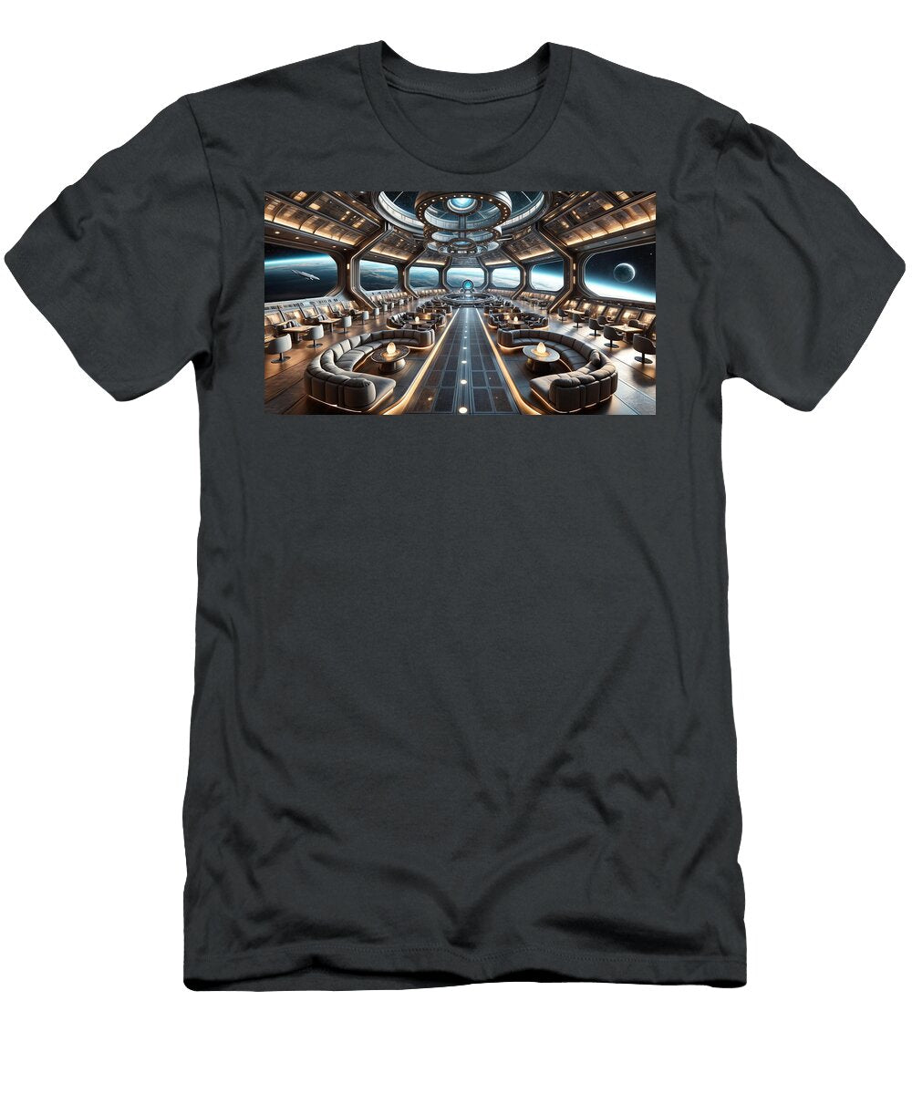 A Luxurious Spaceship Interior Showcases Panoramic Views of Space Through Large Windows Mango Art T-Shirt
