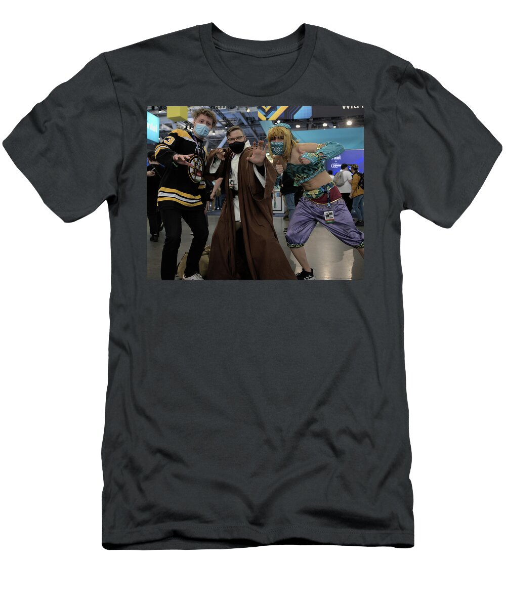 A Mage a Swordperson and a Hokey Fan Walk Into a Convention Andrew Bilodeau T-Shirt