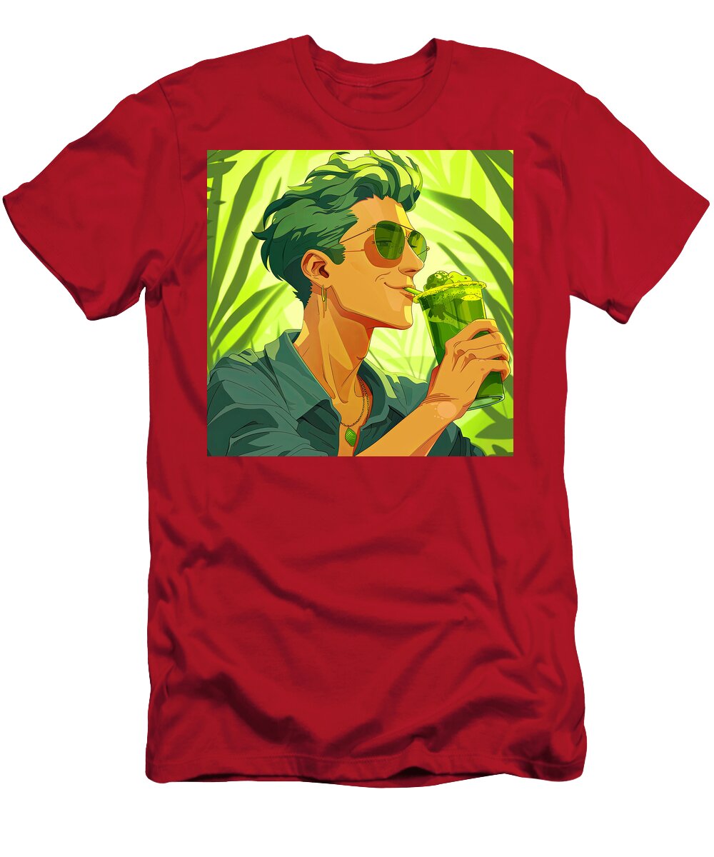 A Man with Green Hair Enjoys a Refreshing Drink on a Summer Day Juvena Stroman T-Shirt