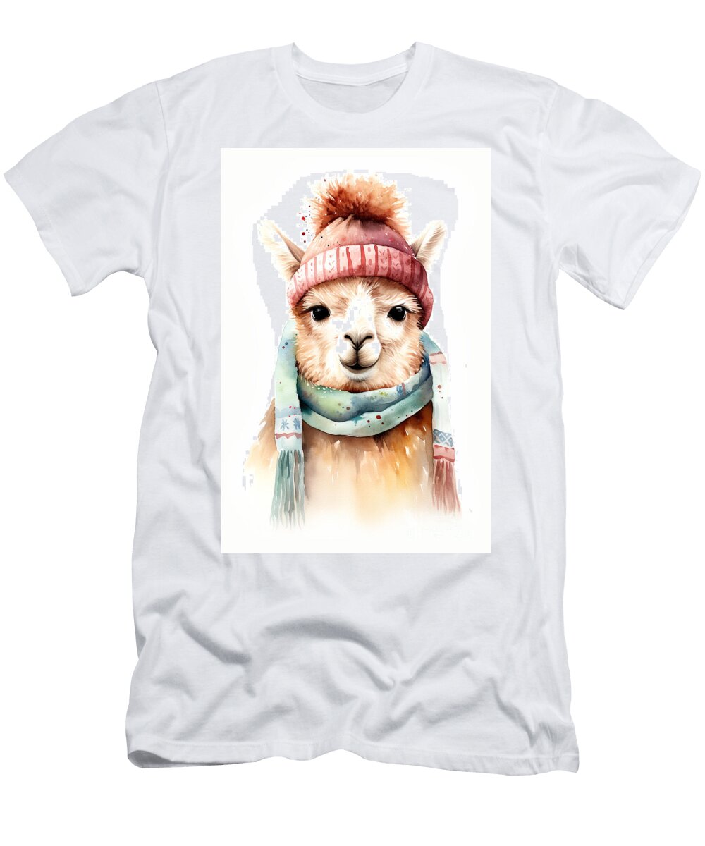 A Playful Alpaca in Cozy Winter Hat and Scarf Christmas Winter Themed Watercolour Illustration on White Background Jane Rix T-Shirt