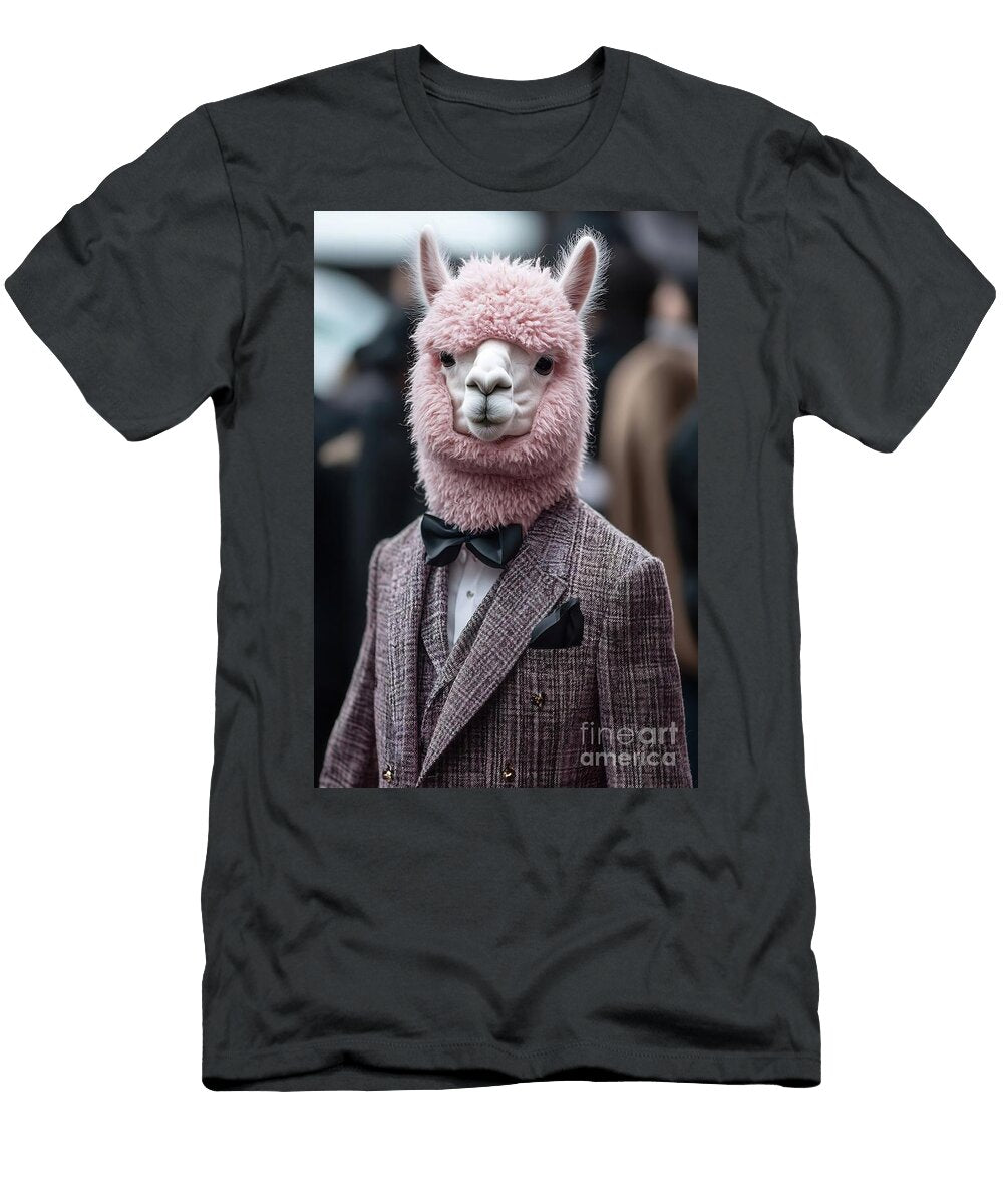 A Quirky Figure in a Pink Alpaca Costume Attends a Formal Event Showcasing a Playful Blend of Fashion and Humor Beautiful Things T-Shirt